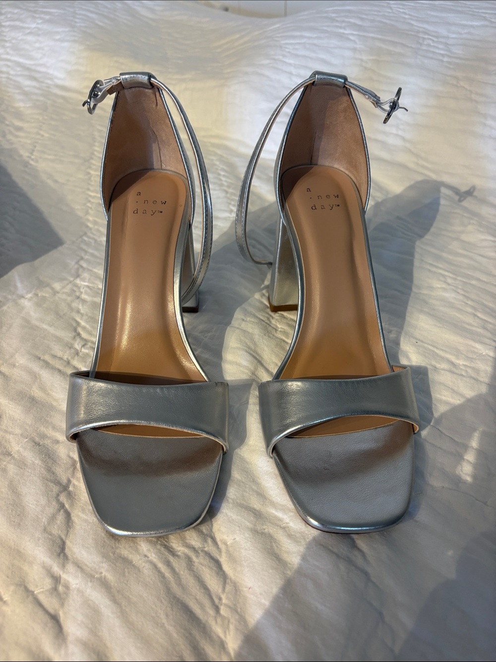 a new day Metallic Silver Block Heel Sandals with Ankle Strap
